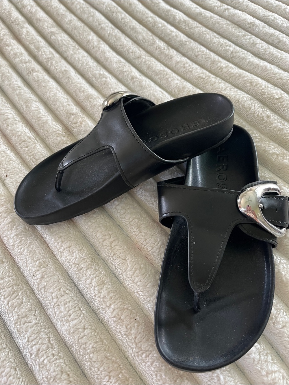 AEROSOLES Black Leather Slide Sandals with Embossed Logo
